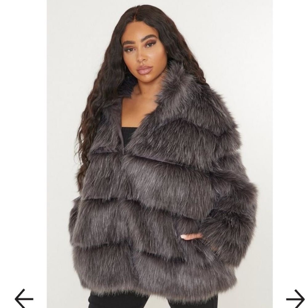 Plus Size Gray Faux Fur Pelted CoatUS 14
